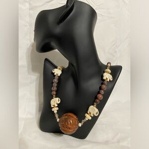 Handcrafted Carved bone bead with howlite elephants necklace